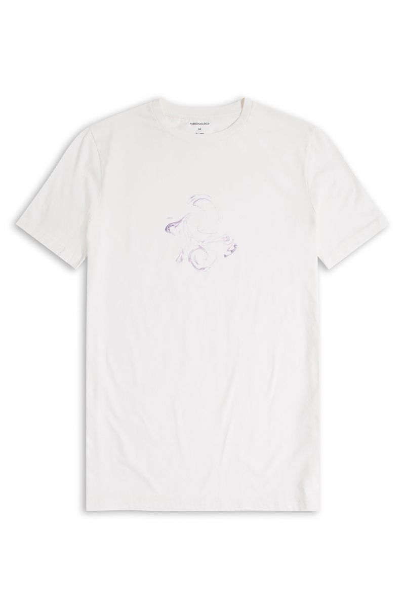 Off White Soft Fabric Purple Wind Design Short Sleeve Tee