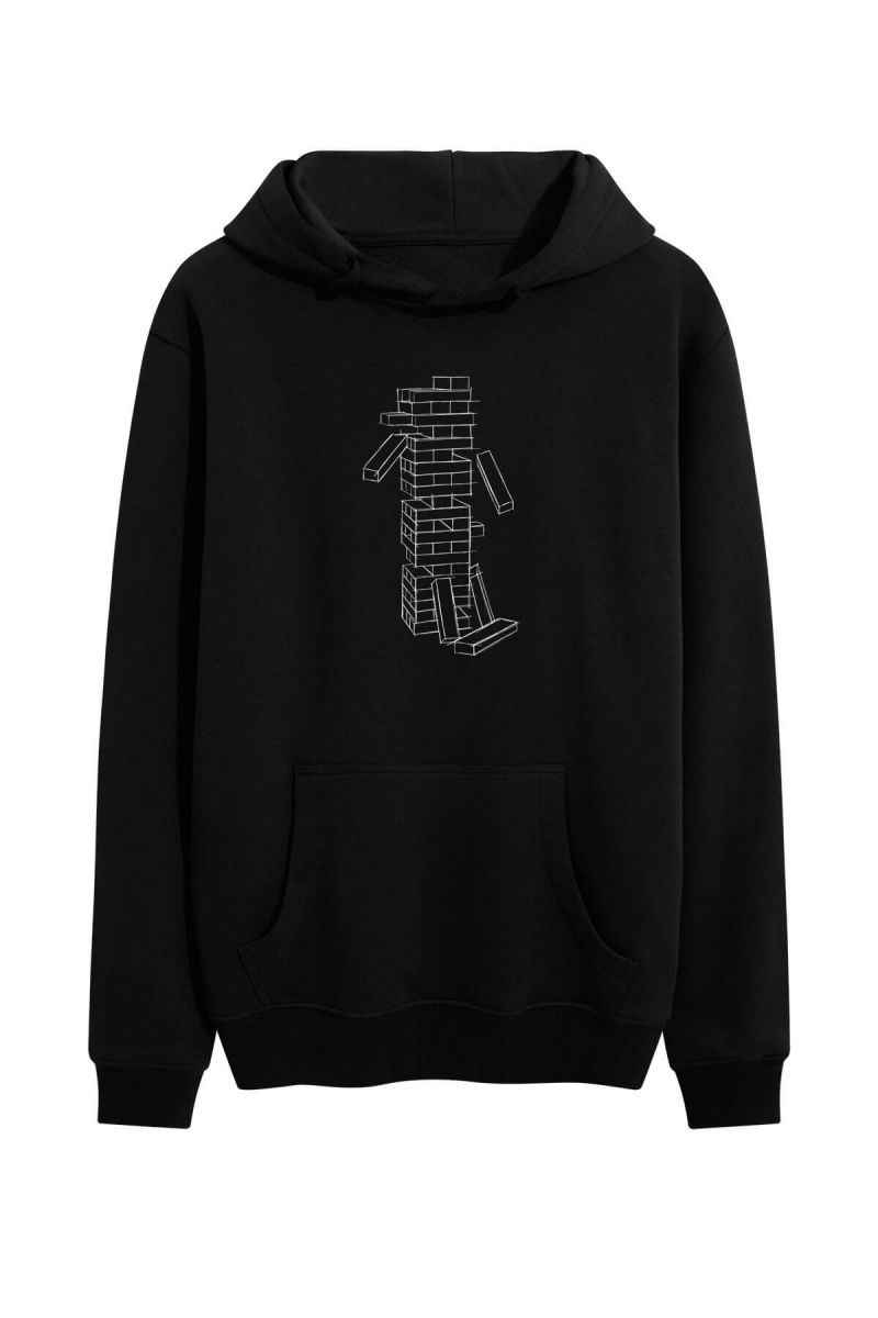 Black Premium Cotton Jenga Design Pullover Hoodie