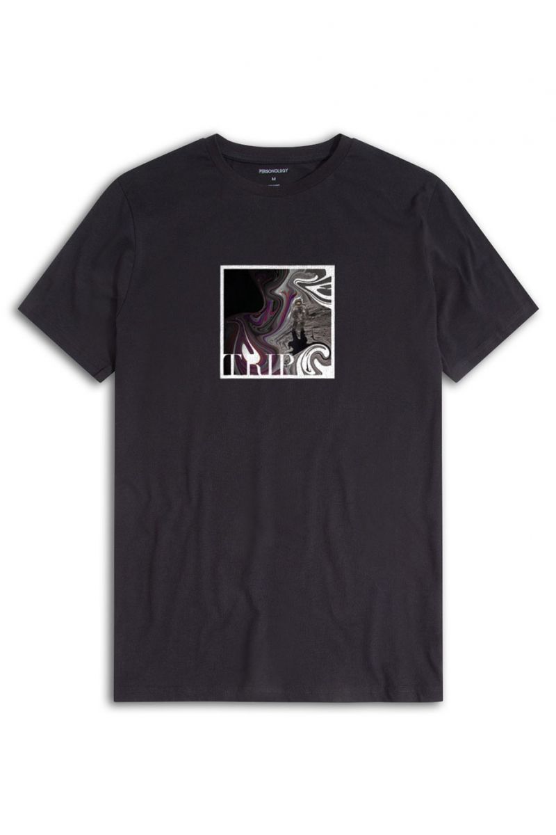 Black Soft Fabric Moon with Broken Helmet Design Short Sleeve Tee