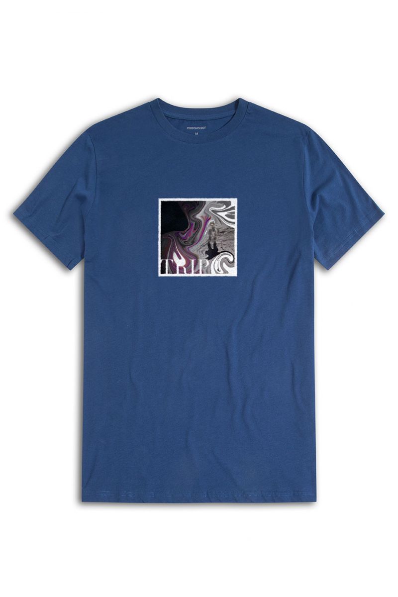 Navy Soft Fabric Moon with Broken Helmet Design Short Sleeve Tee