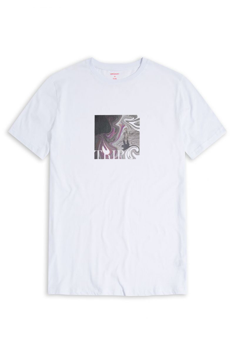 White Soft Fabric Moon with Broken Helmet Design Short Sleeve Tee