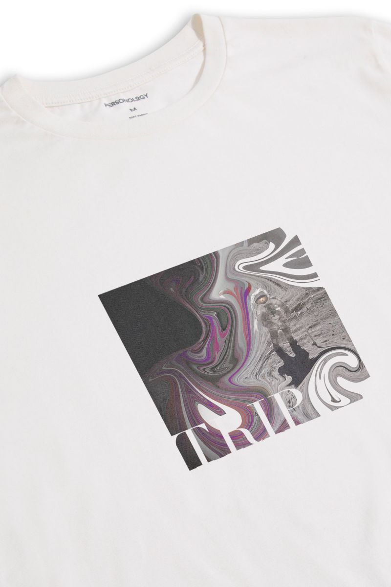 Off White Soft Fabric Moon with Broken Helmet Design Short Sleeve Tee