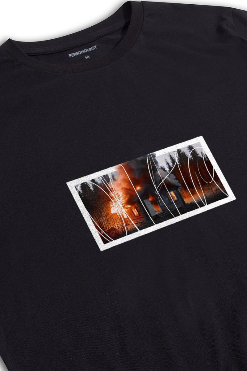 Black Soft Fabric Bombed in Hunter Shed Design Short Sleeve Tee