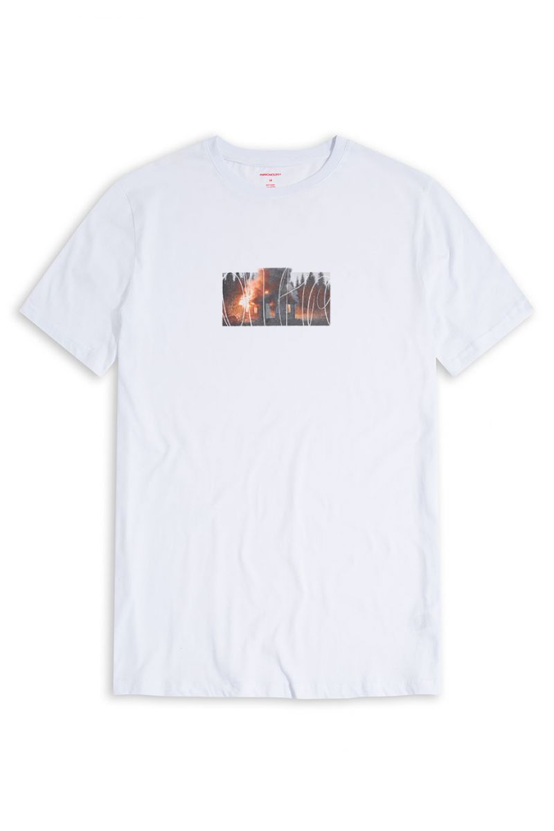 White Soft Fabric Bombed in Hunter Shed Design Short Sleeve Tee