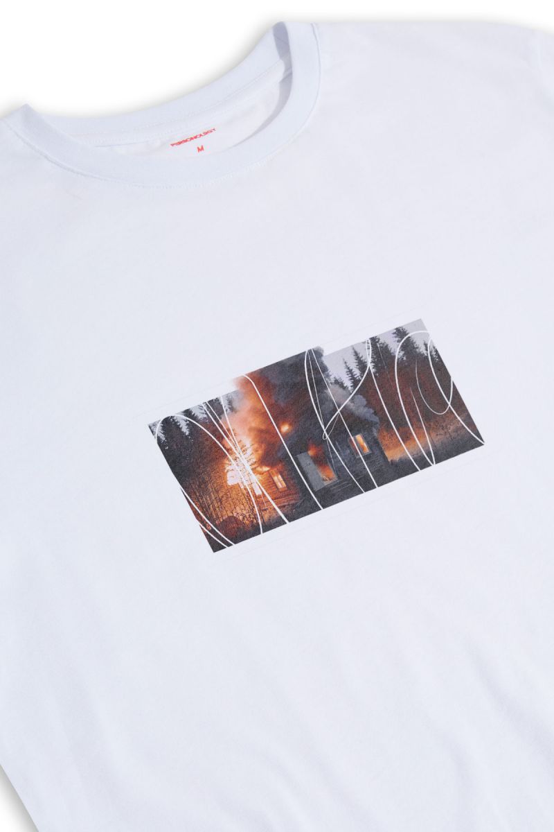 White Soft Fabric Bombed in Hunter Shed Design Short Sleeve Tee