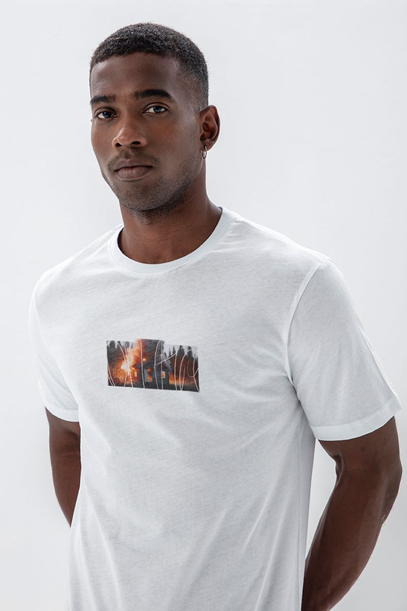 White Soft Fabric Bombed in Hunter Shed Design Short Sleeve Tee