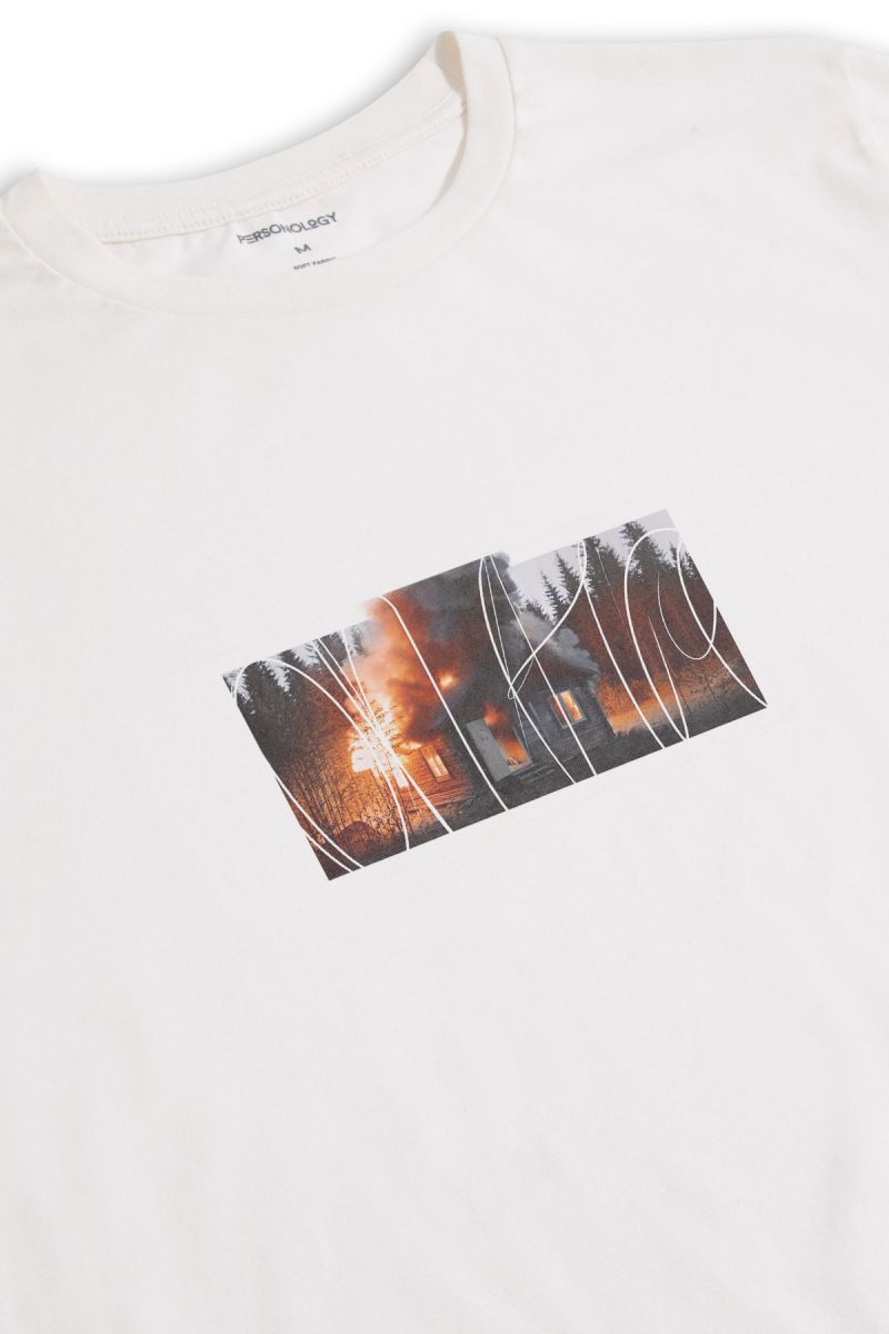 Off White Soft Fabric Bombed in Hunter Shed Design Short Sleeve Tee