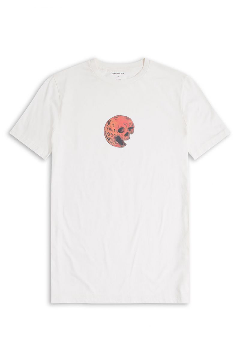 Off White Soft Fabric Mars Skull Design Short Sleeve Tee