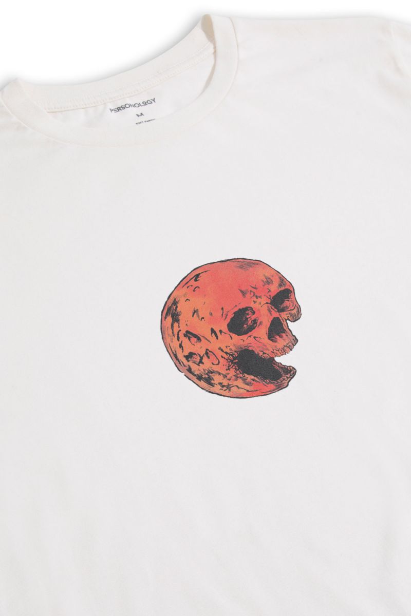 Off White Soft Fabric Mars Skull Design Short Sleeve Tee