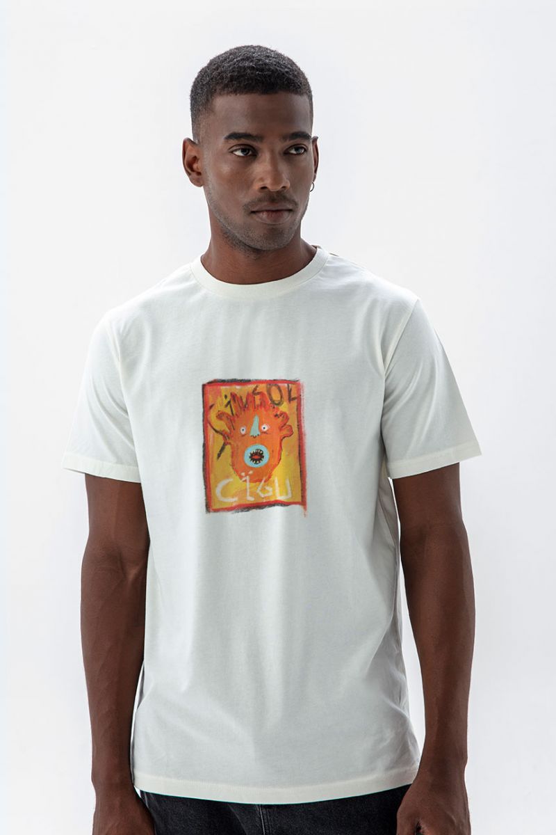 Off White Soft Fabric Cigu Design Short Sleeve Tee