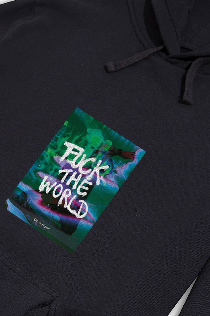 Black Premium Cotton Fuck The World Design Pullover Hoodie
