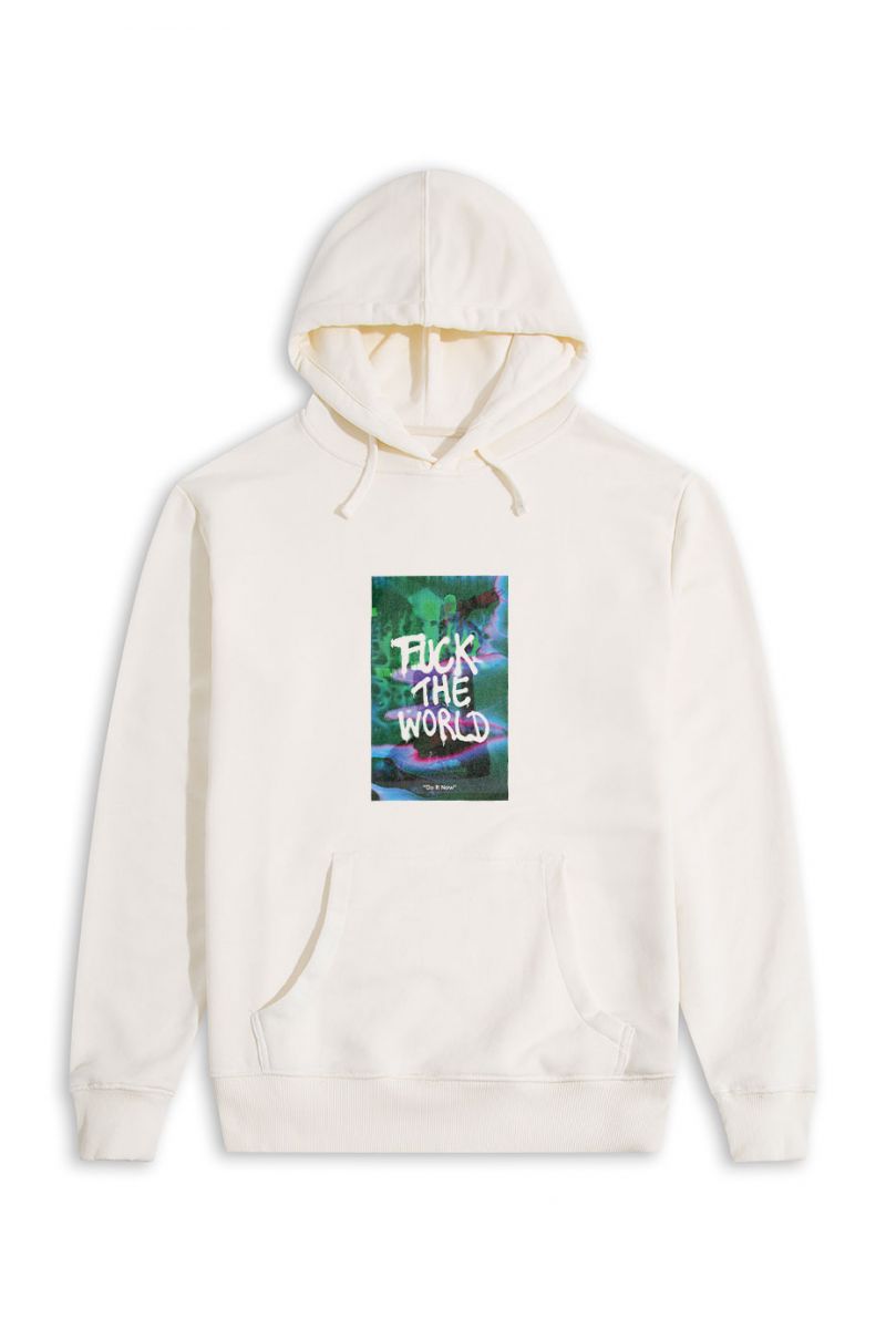 Ecru Premium Cotton Fuck The World Design Pullover Hoodie