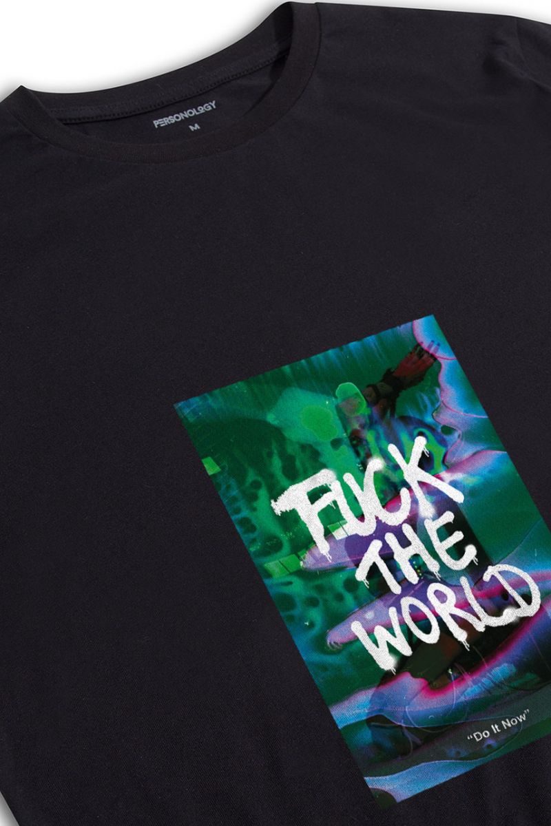 Black Soft Fabric Fuck The World Design Short Sleeve Tee