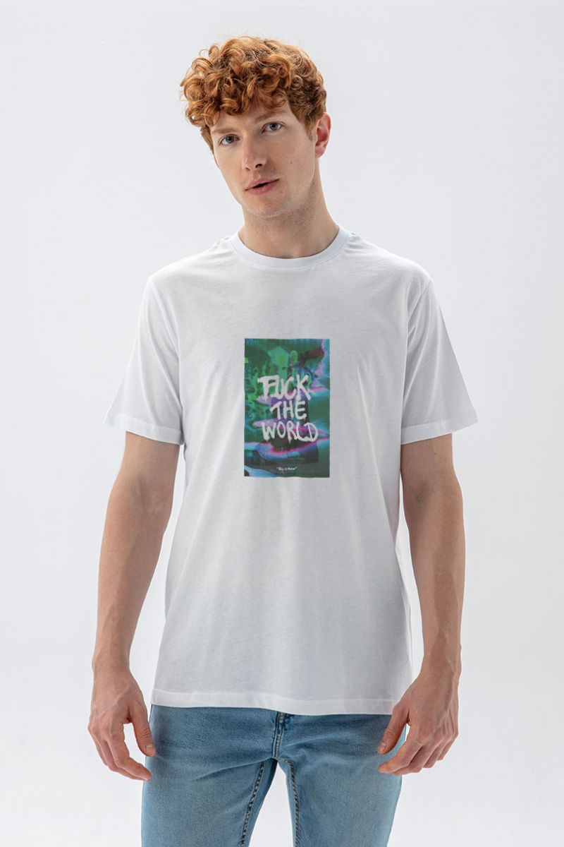 White Soft Fabric Fuck The World Design Short Sleeve Tee