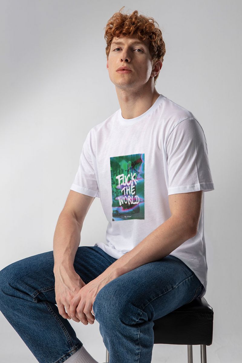 White Soft Fabric Fuck The World Design Short Sleeve Tee