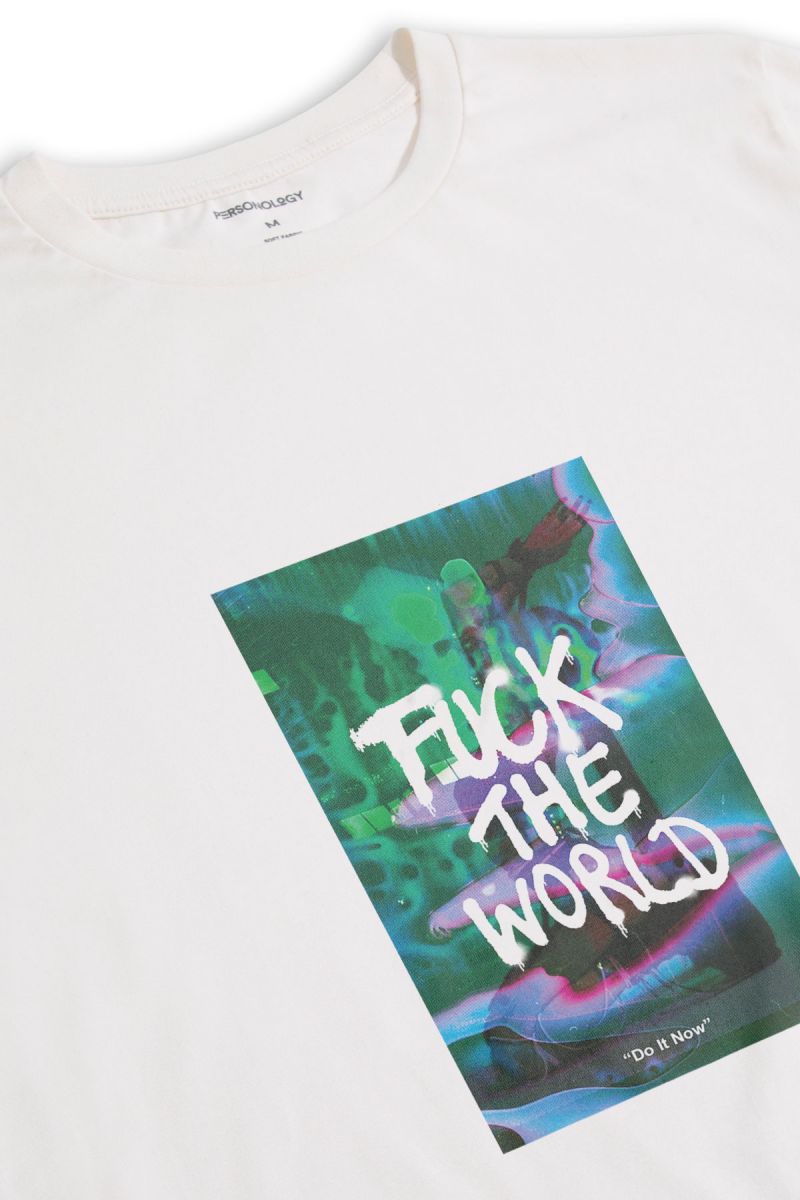 Off White Soft Fabric Fuck The World Design Short Sleeve Tee