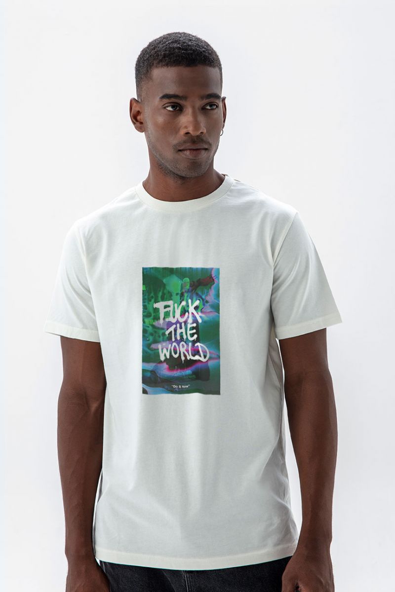 Off White Soft Fabric Fuck The World Design Short Sleeve Tee