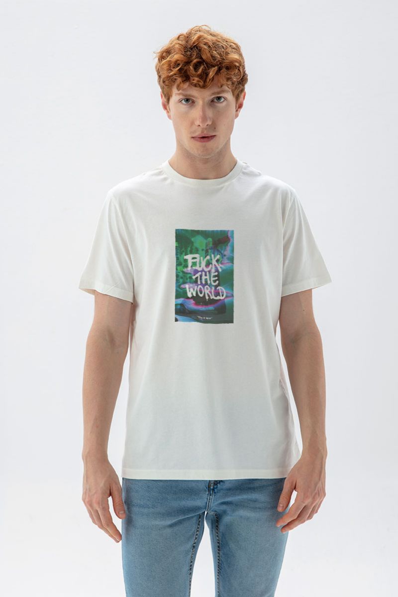 Off White Soft Fabric Fuck The World Design Short Sleeve Tee