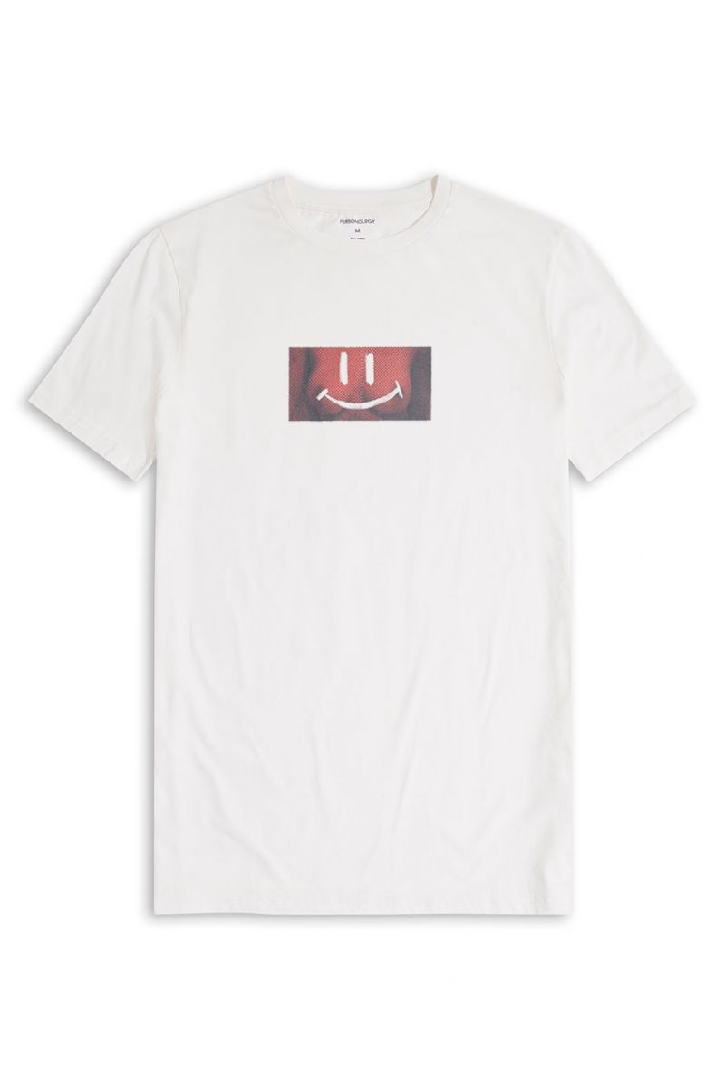 Off White Soft Fabric Happy Tits Design Short Sleeve Tee