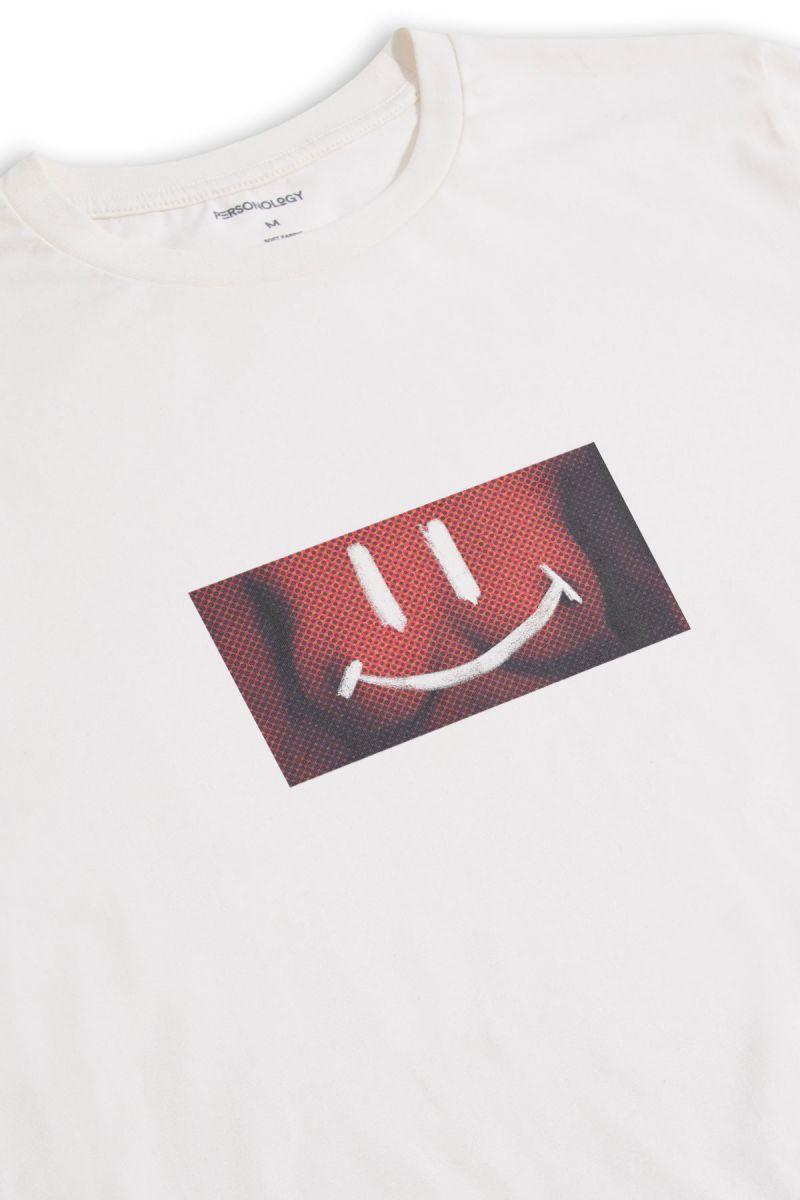 Off White Soft Fabric Happy Tits Design Short Sleeve Tee