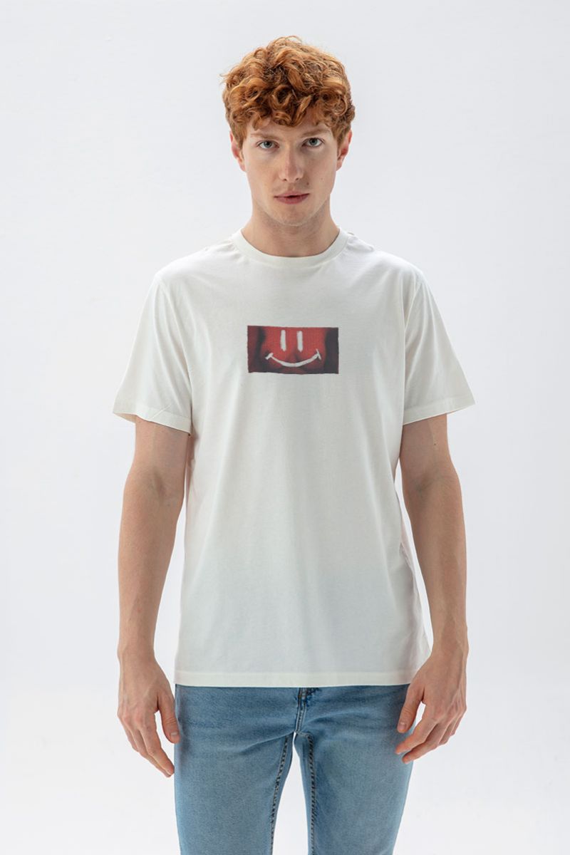 Off White Soft Fabric Happy Tits Design Short Sleeve Tee