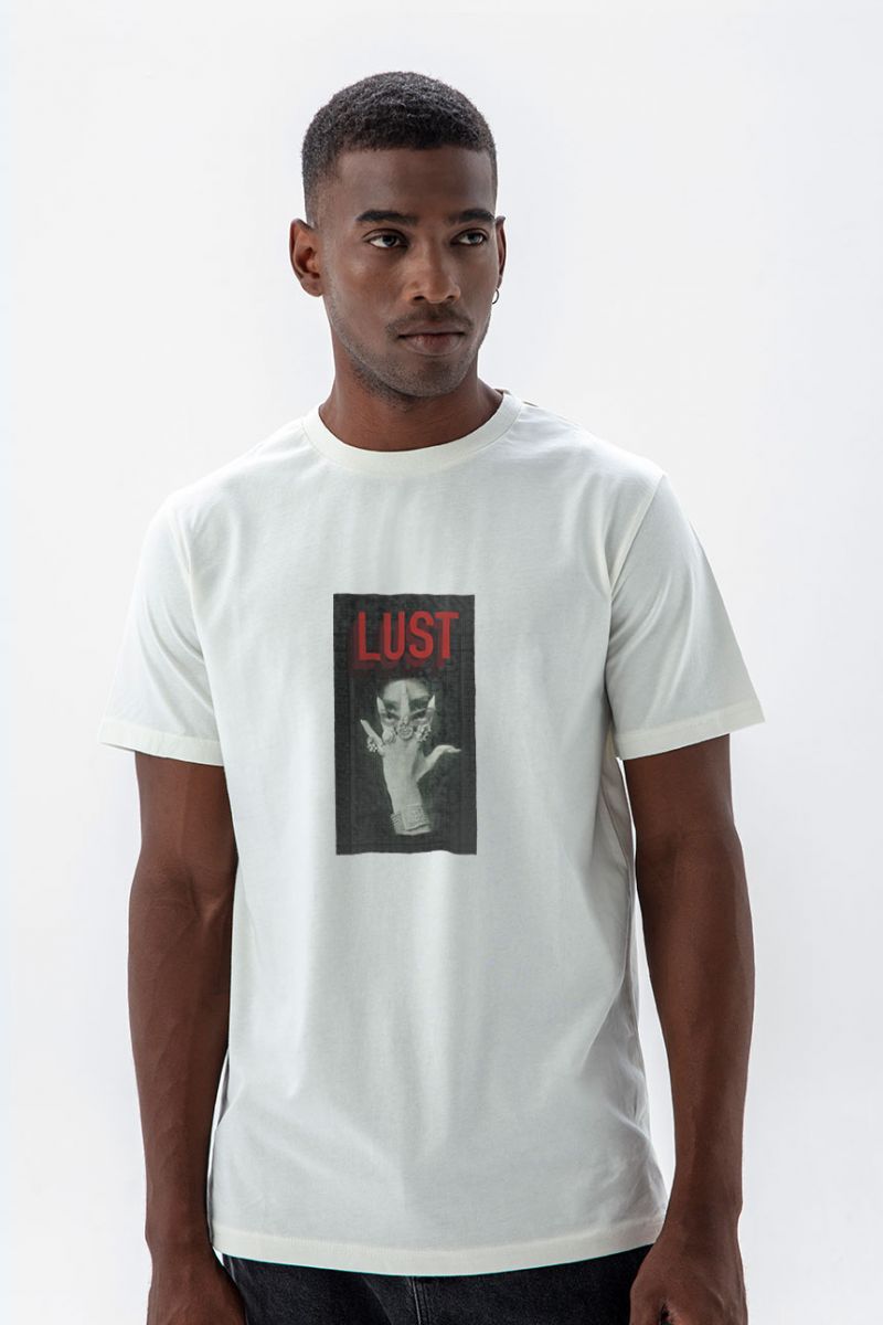 Off White Soft Fabric Lust Design Short Sleeve Tee