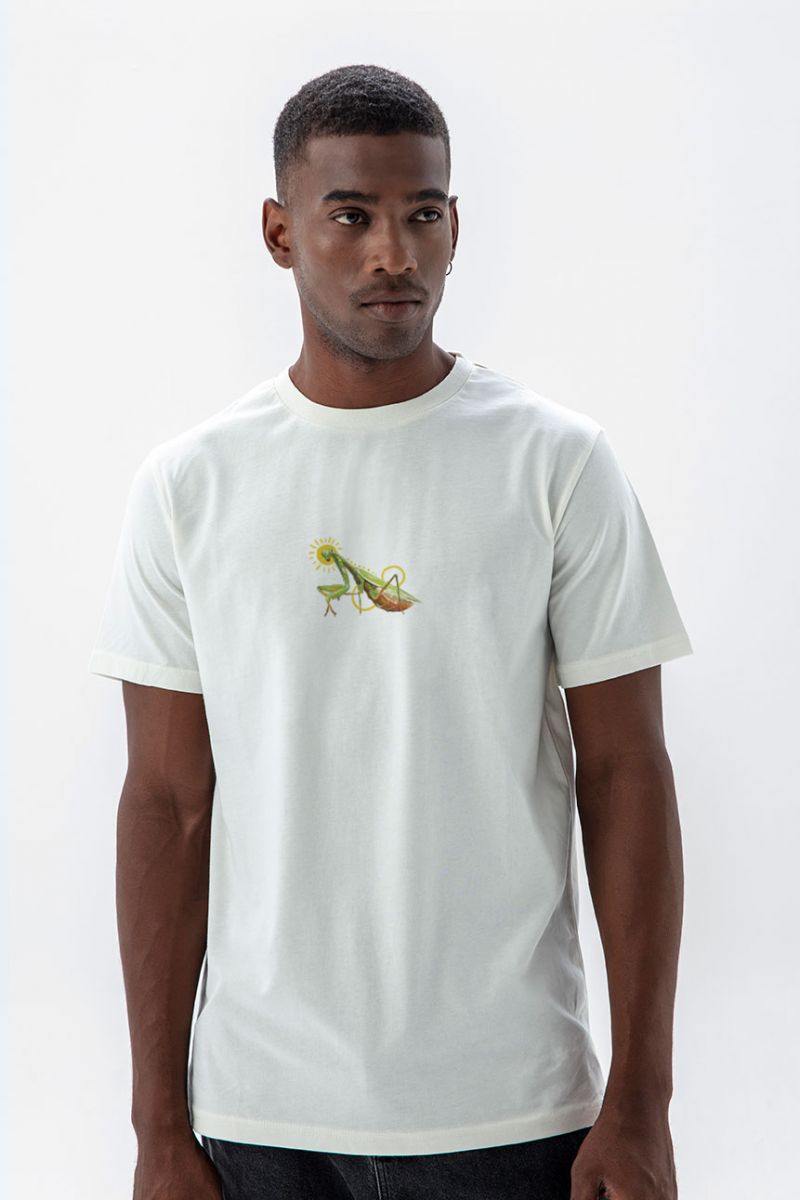 Off White Soft Fabric Mantis Design Short Sleeve Tee