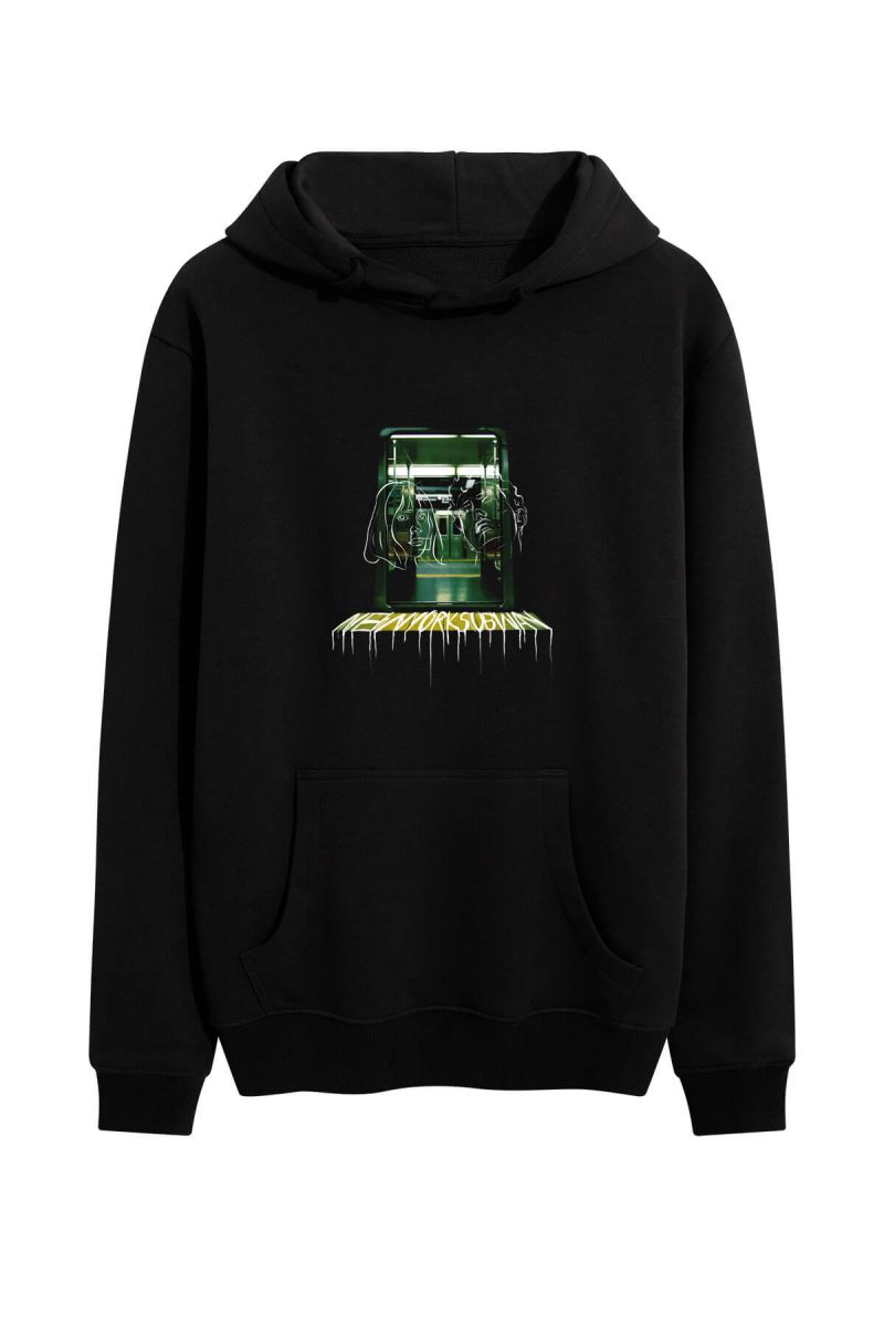 Black Premium Cotton New York Subway Design Pullover Hoodie