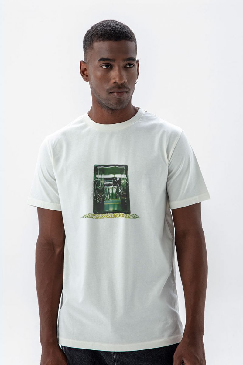 Off White Soft Fabric New York Subway Design Short Sleeve Tee