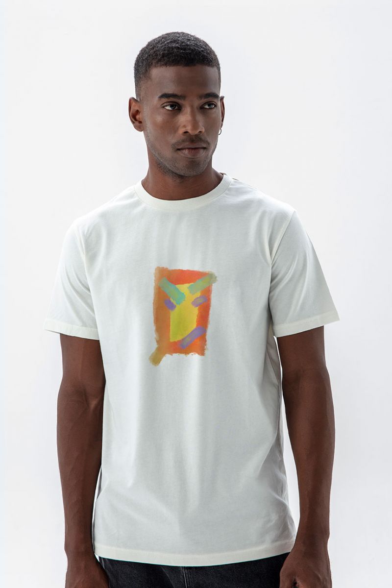 Off White Soft Fabric Patch Design Short Sleeve Tee