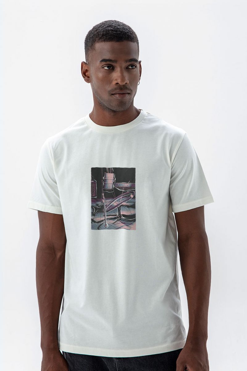 Off White Soft Fabric Space Box Design Short Sleeve Tee