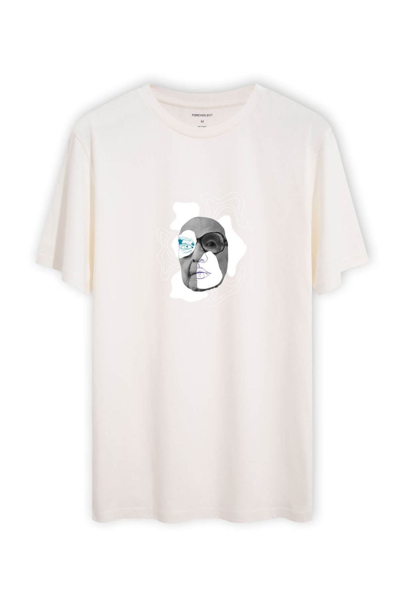 Off White Soft Fabric Time Machine Design Short Sleeve Tee