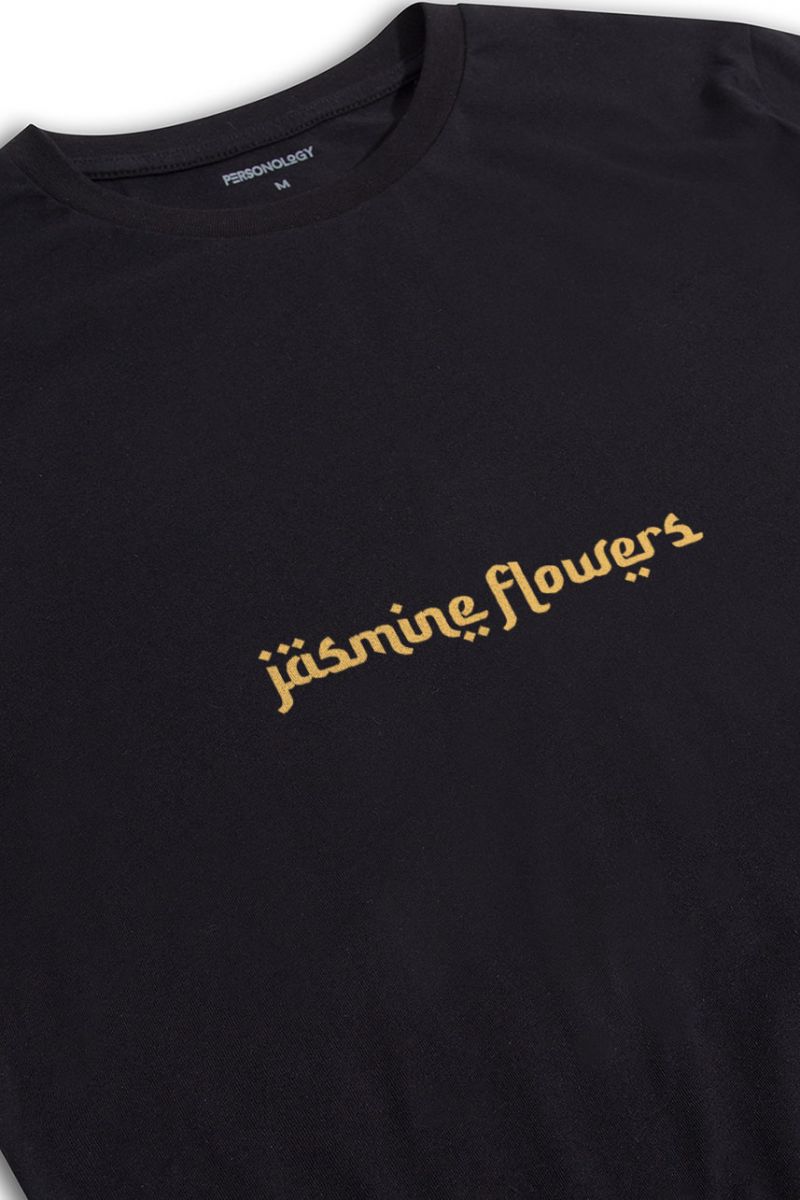 Black Soft Fabric Jasmine Flowers Design Short Sleeve Tee
