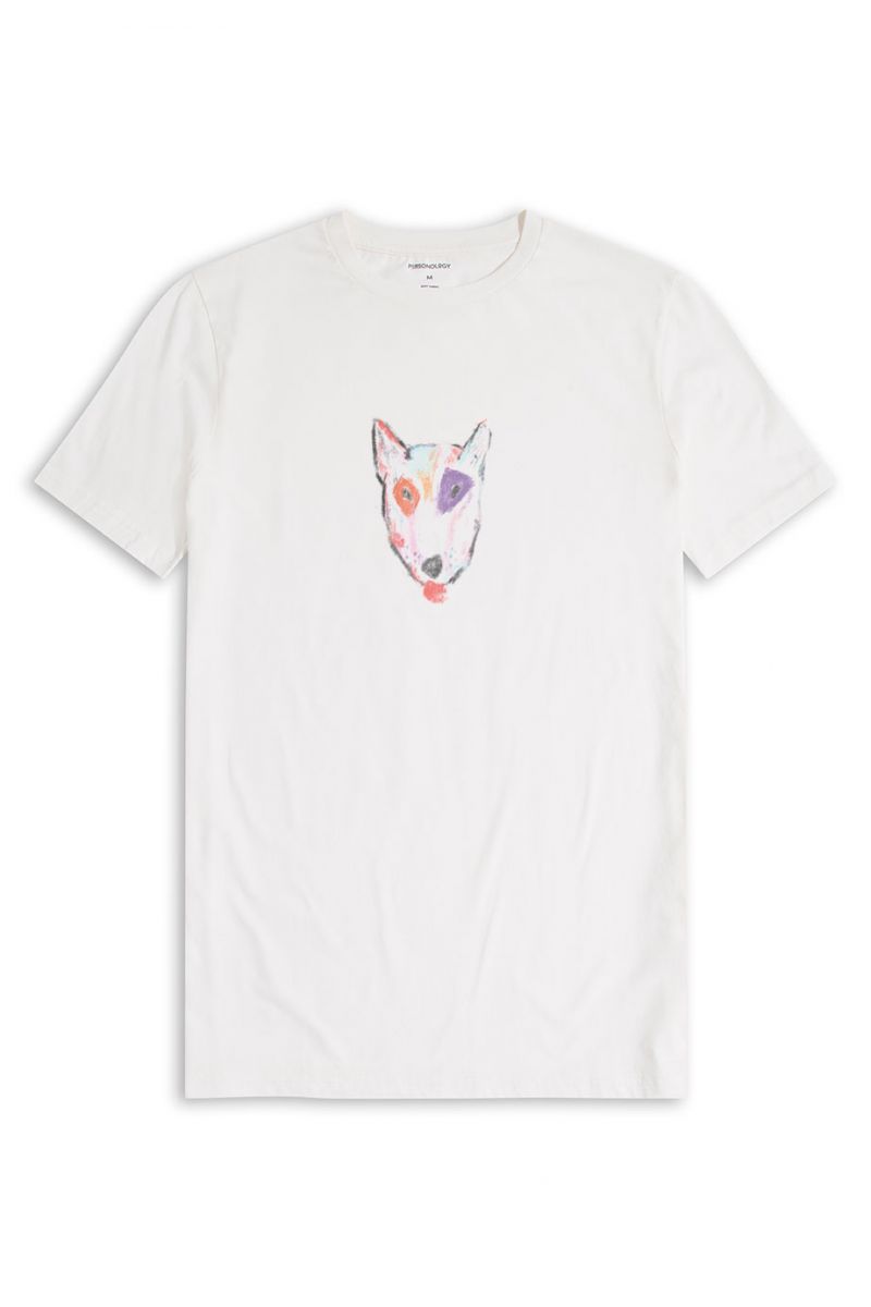 Off White Soft Fabric Rainbow Bull Terrier Design Short Sleeve Tee