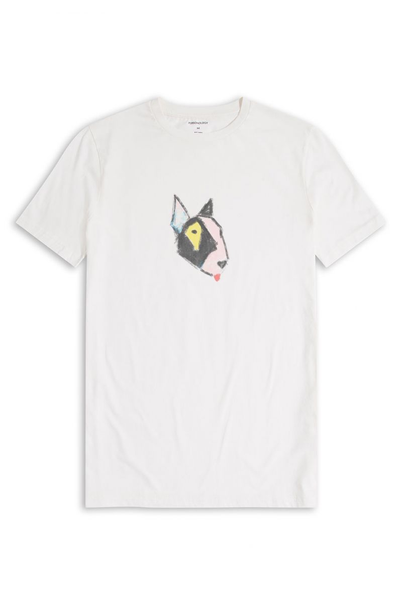 Off White Soft Fabric Rainbow Bull Terrier Design Short Sleeve Tee