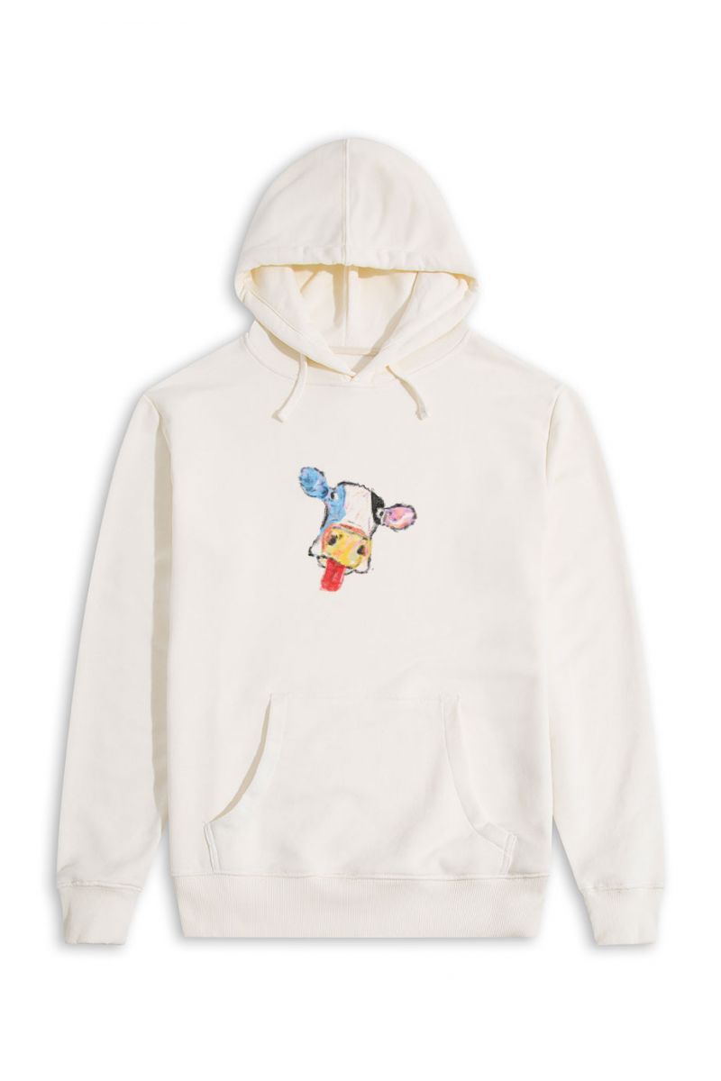 Ecru Premium Cotton Rainbow Cow Design Pullover Hoodie
