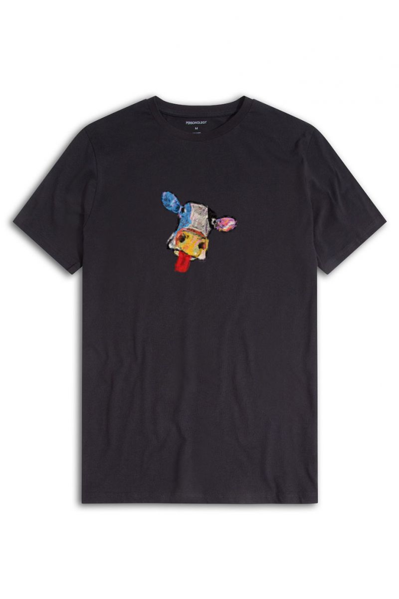 Black Soft Fabric Rainbow Cow Design Short Sleeve Tee