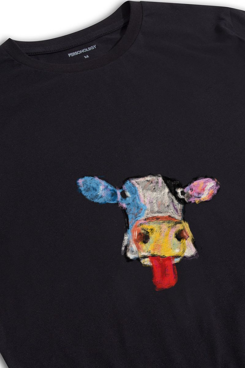 Black Soft Fabric Rainbow Cow Design Short Sleeve Tee