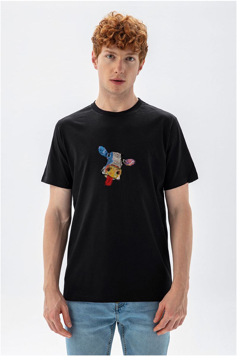 Black Soft Fabric Rainbow Cow Design Short Sleeve Tee