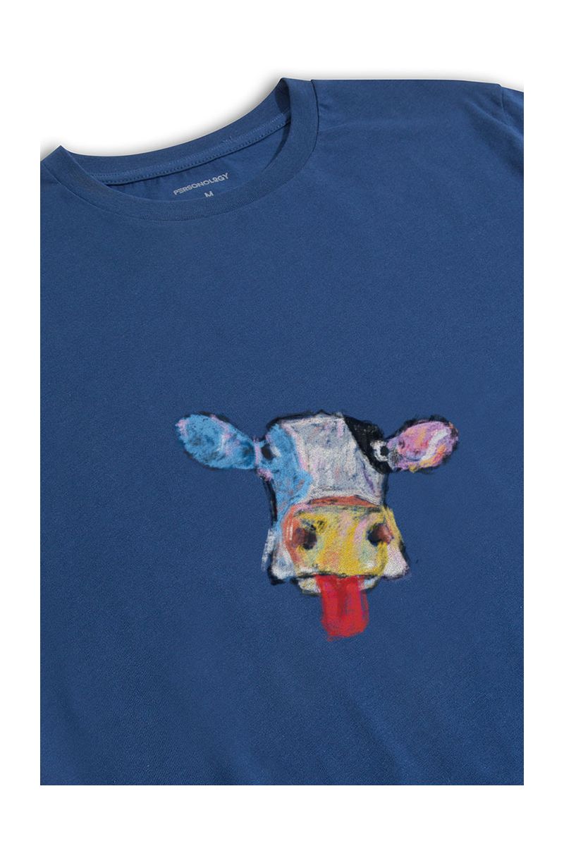 Navy Soft Fabric Rainbow Cow Design Short Sleeve Tee