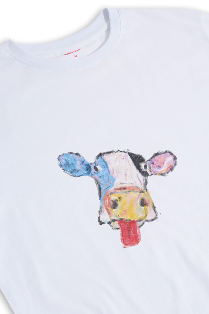 White Soft Fabric Rainbow Cow Design Short Sleeve Tee