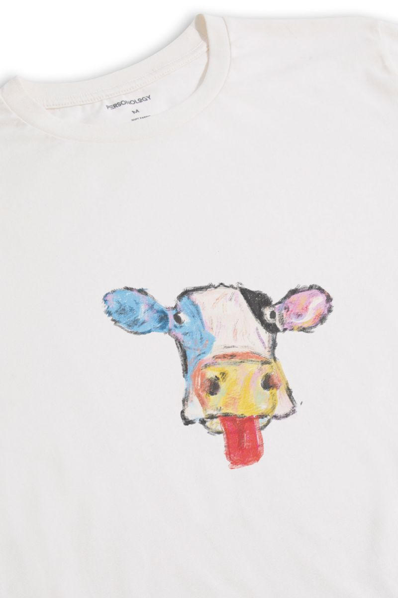 Off White Soft Fabric Rainbow Cow Design Short Sleeve Tee