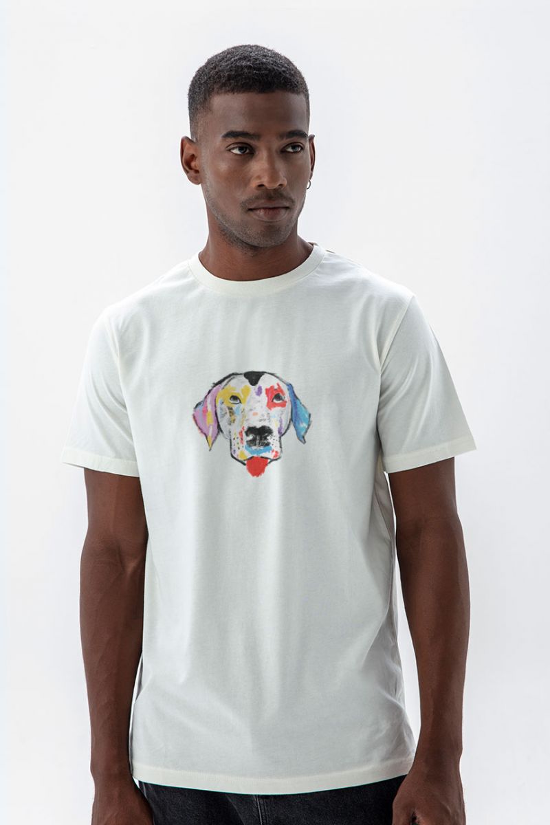 Off White Soft Fabric Rainbow Dalmatian Design Short Sleeve Tee