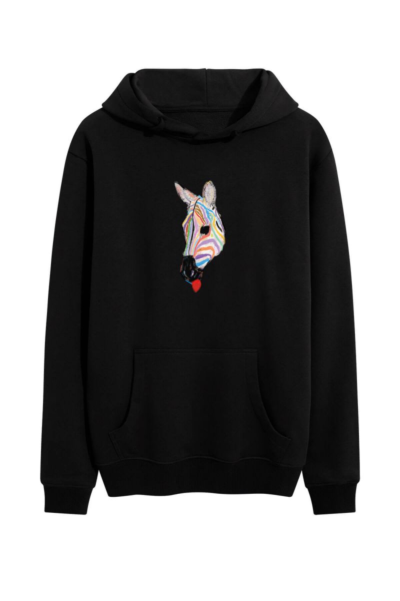 Black Premium Cotton Rainbow Zebra Design Pullover Hoodie