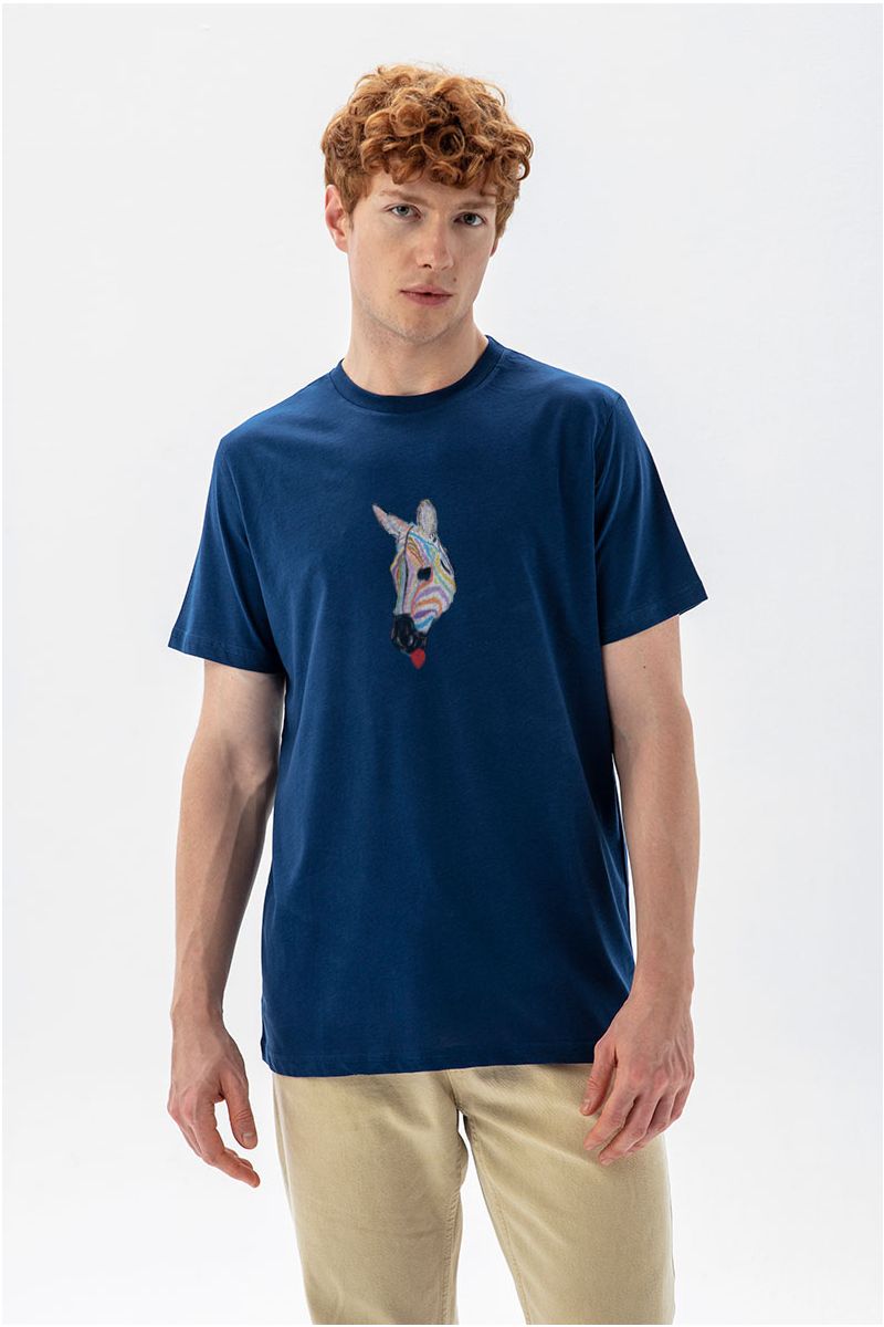 Navy Soft Fabric Rainbow Zebra Design Short Sleeve Tee