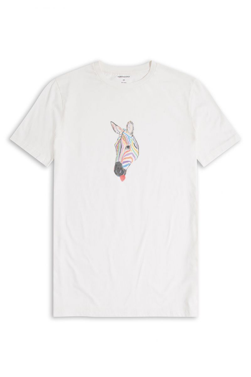 Off White Soft Fabric Rainbow Zebra Design Short Sleeve Tee