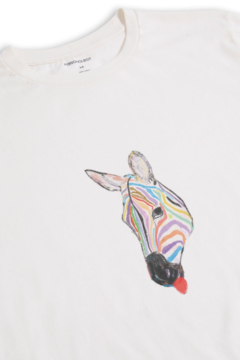 Off White Soft Fabric Rainbow Zebra Design Short Sleeve Tee