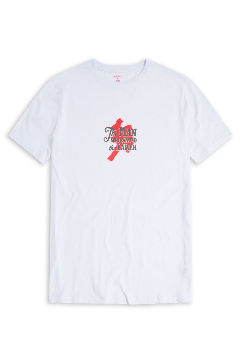 White Soft Fabric The Man Who Saved the Earth Design Short Sleeve Tee