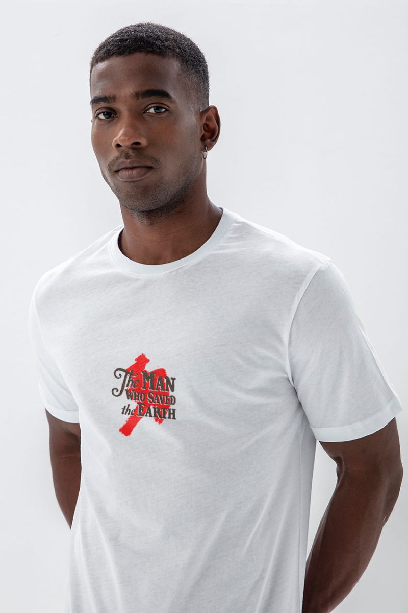 White Soft Fabric The Man Who Saved the Earth Design Short Sleeve Tee