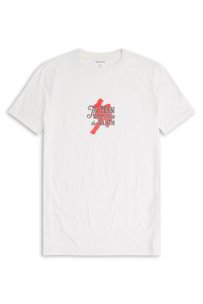 Off White Soft Fabric The Man Who Saved the Earth Design Short Sleeve Tee